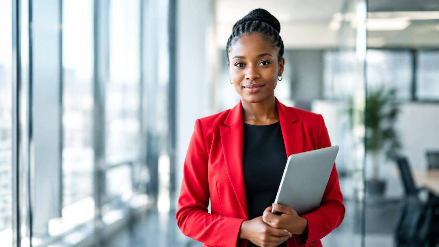 Profissional africana de blazer vermelho num escritório moderno, segurando um computador portátil.