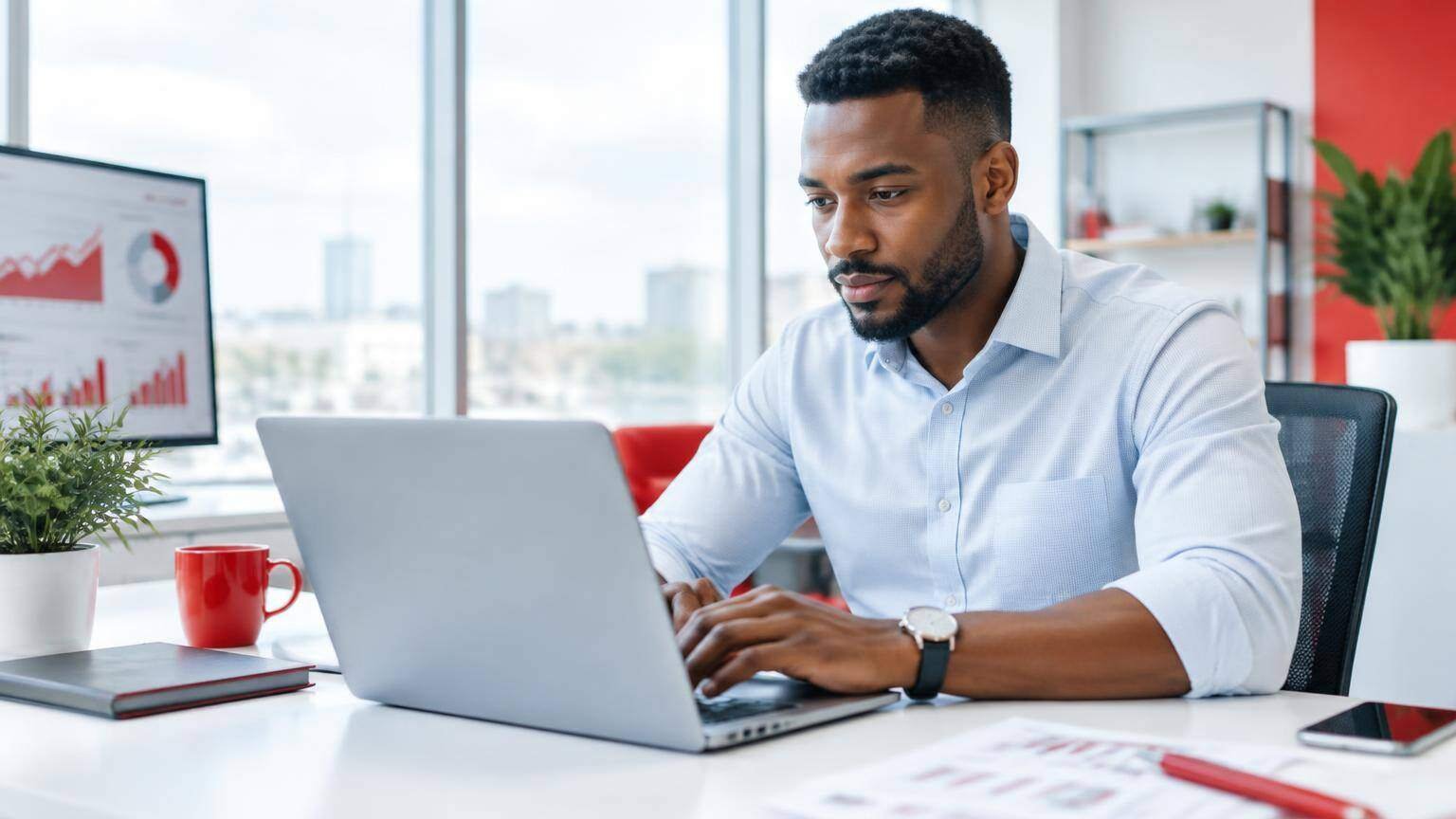 Profissional africano a analisar clientes e carteira num computador portátil.