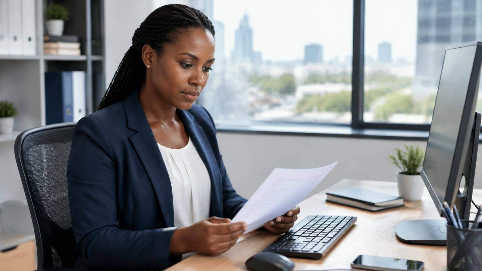 Profissional africana a trabalhar com documentos e sistema digital no escritório.