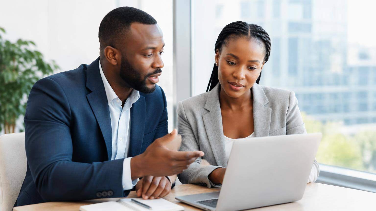 Dois profissionais africanos a analisar uma proposta comercial num computador portátil.