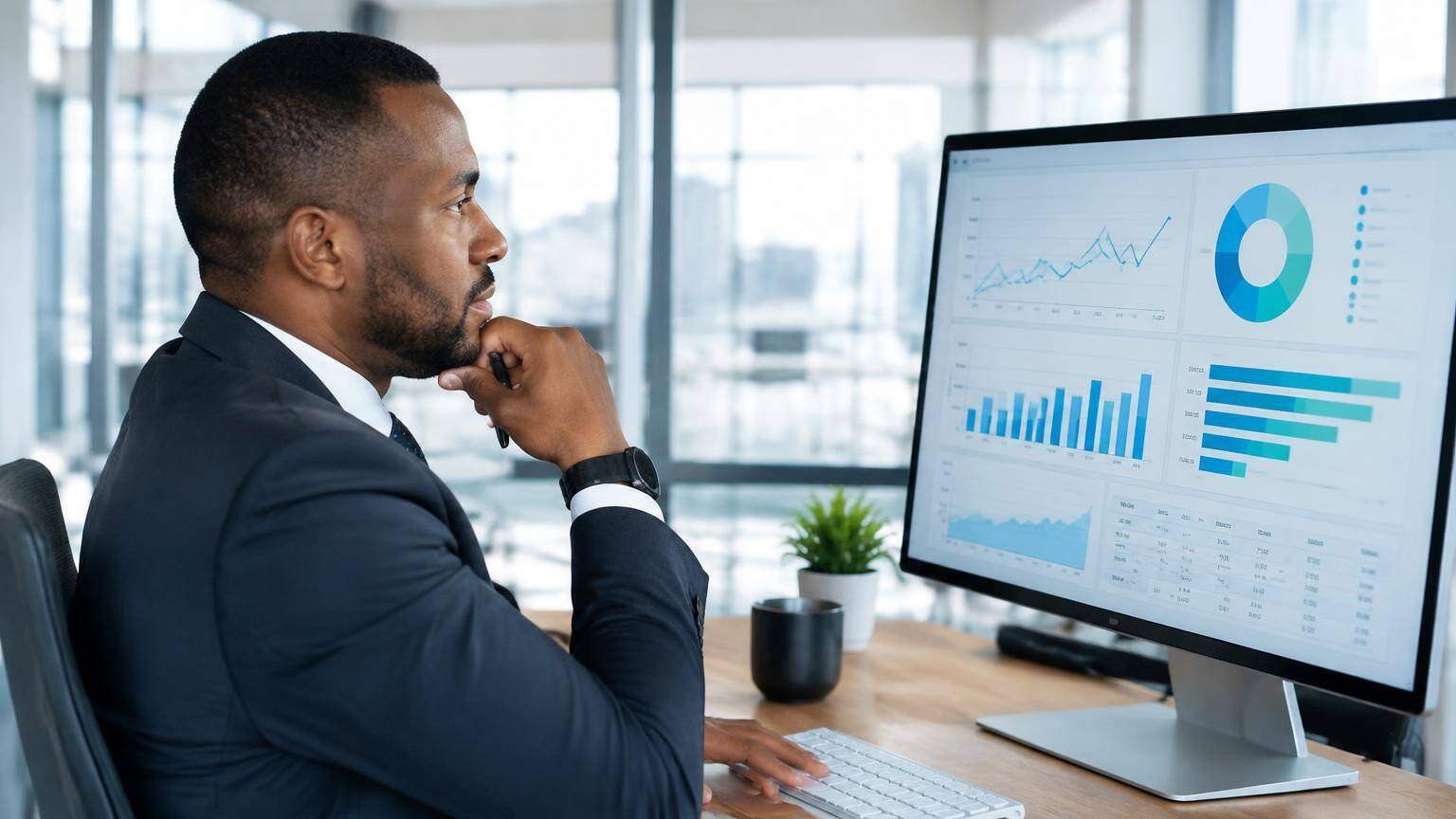 Gestor africano a analisar indicadores financeiros num computador.