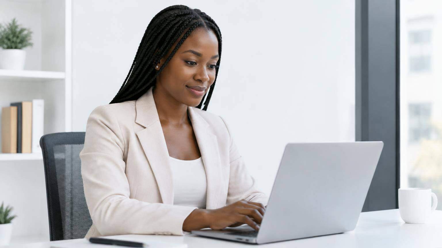 Profissional africana confiante a utilizar uma plataforma moderna num escritório claro.