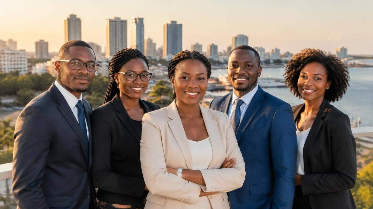 Equipa de profissionais africanos de negócios num ambiente corporativo moderno.